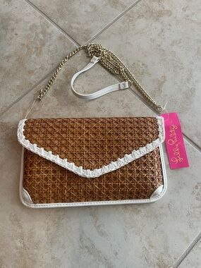 Lilly Pulitzer Brown Woven Straw Crossbody with White Trim and Gold Chain
